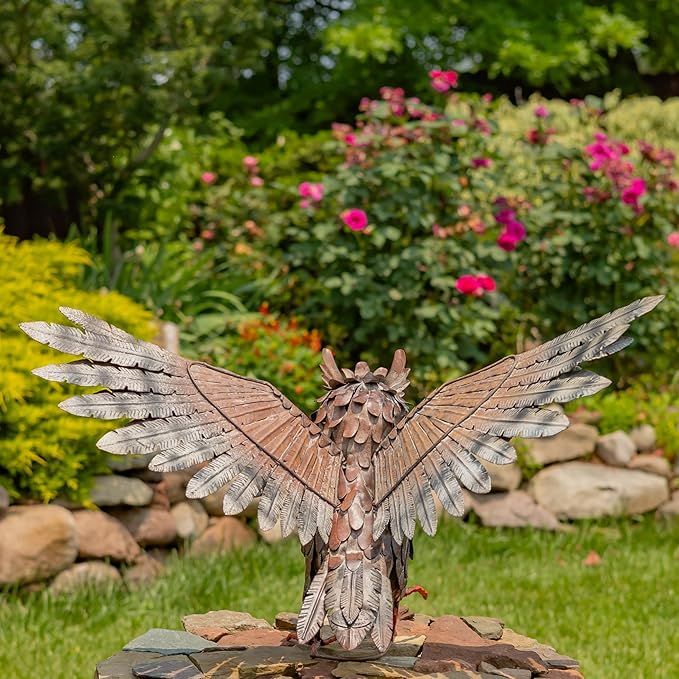 Zaer Ltd. Great Horned Owl Metal Garden Accent, Indoor/Outdoor Decor, Hand-Painted Black-Grey Finish (19" Tall Ash)