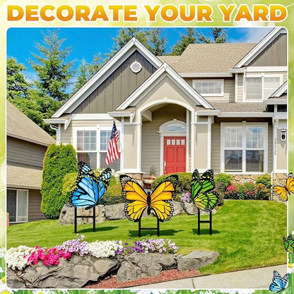 3 Pcs Spring Metal Butterfly Garden Stakes Decor 16.5 Inch Decorative Green Yellow Blue Butterfly Yard Stake Outdoor Insect Decor Metal Garden Art Ornaments for Patio Porch Lawn Backyard