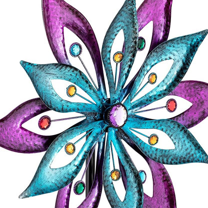 Alpine Corporation 64" Tall Outdoor Floral Windmill Stake with Gems Kinetic Spinner, Purple and Aqua