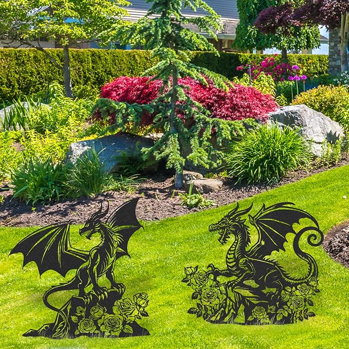 Dragon Decor Garden Stakes - 2 Pcs Metal Yard Art Statues Waterproof Outside Dragons Silhouette Decoration Patio Lawn Backyard Walkway Sign Christmas New Year Birthday Gifts for Women Mom