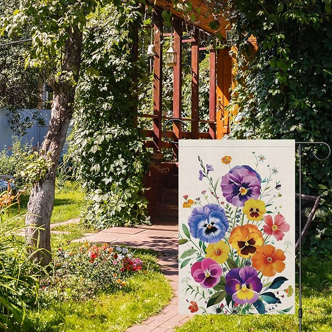 Spring Summer Pansy Flower Garden Flag 12x18 Inch Double Sided Burlap, Floral Seasonal Yard Sign Home Outdoor Decoration