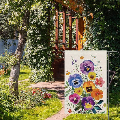 Spring Summer Pansy Flower Garden Flag 12x18 Inch Double Sided Burlap, Floral Seasonal Yard Sign Home Outdoor Decoration