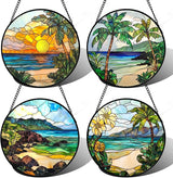 DASTOLL Stained Glass Window Hanging 4 Pcs Set Blue Ocean Coconut Tree Scenery Large 15" - Suncatcher Door Garden Sun Catcher Decor Birthday Christmas for Mom Woman Nana Men