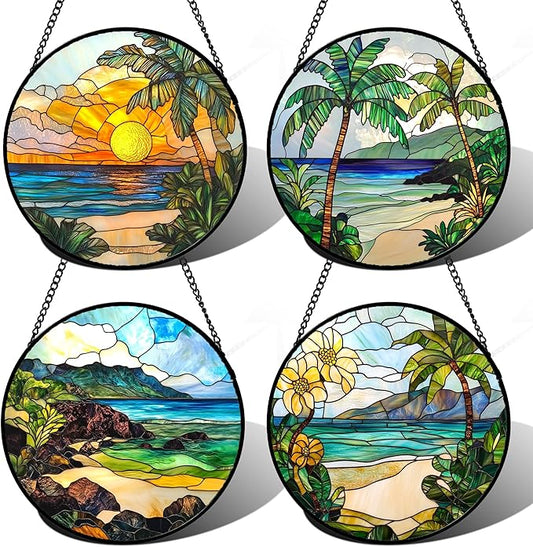 DASTOLL Stained Glass Window Hanging 4 Pcs Set Blue Ocean Coconut Tree Scenery Large 15" - Suncatcher Door Garden Sun Catcher Decor Birthday Christmas for Mom Woman Nana Men