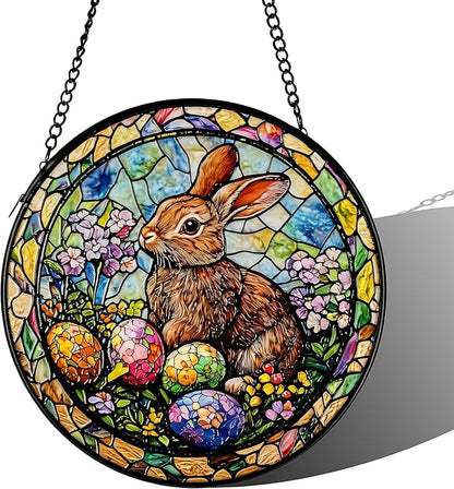 Stained Glass Sun Catcher,Rabbit Glass Window Hanging Garden Decor,Sun Catchers Indoor Window,Whimsical Decoration for Home Backyard Patio Lawn Porch with 9.8 INCH