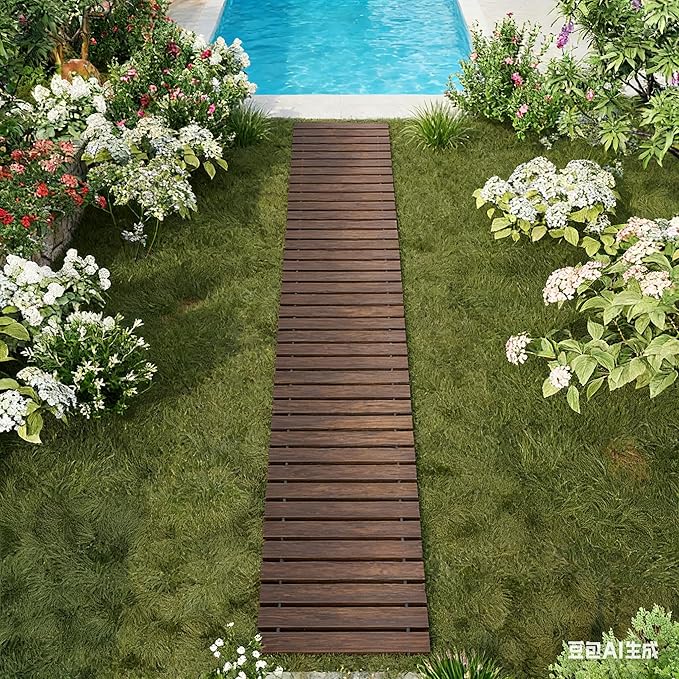 12FT Straight Wooden Garden Pathway Walkway Outdoor Roll Out Decorative Garden Non-Slip Patio Path Decorative Boardwalk Outdoor Road Floor for Backyard Beach Wedding Party