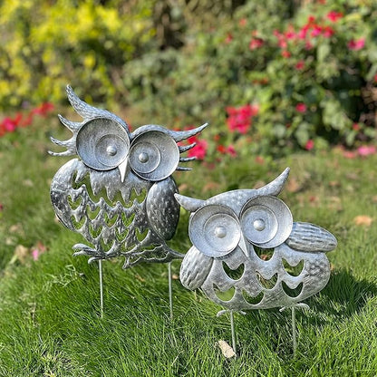 Pack of 2 Metal Owl Garden Statues Silver Silhouette Stakes Decorative Outdoor Animal Sculptures for Yard Decor and Lawn Ornaments