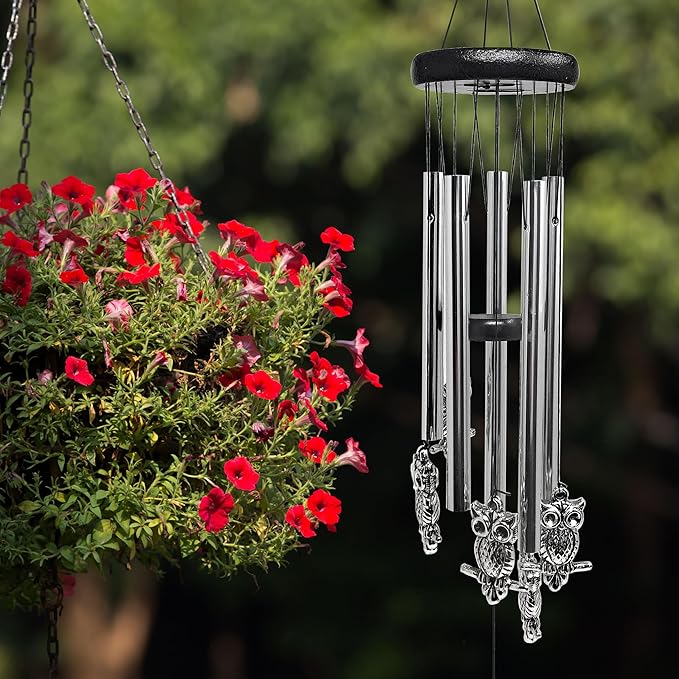Owl Windchimes - Silver Metal Owls - Mobile Musical Wind Chime - Porch Deck Garden - 26" Long