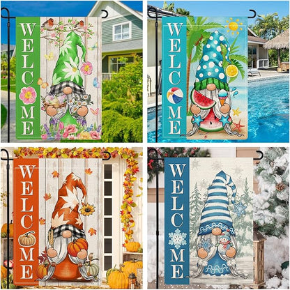 Gnome Garden Flags for Outside Set of 12, Welcome Seasonal Garden Flags 12x18 Double Sided, Gnomes Holiday Lawn Flags, Gnome Winter Spring Outdoor Garden Flag for Yard Farmhouse Decor