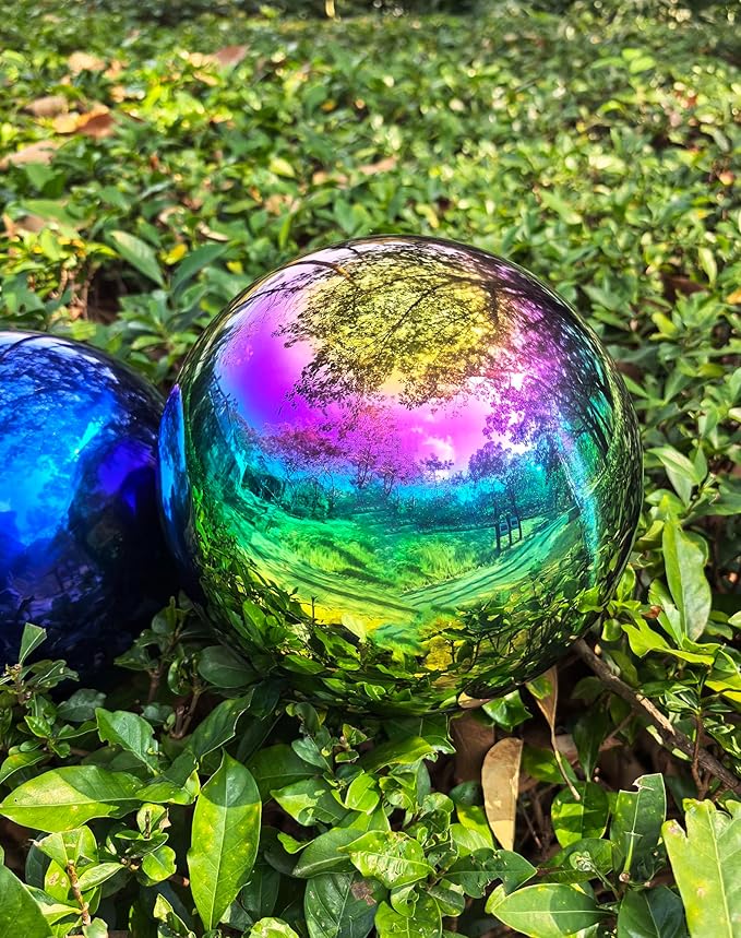 Gazing Ball for Garden Decor - 8-Inch Hollow Metal Sphere for Outdoor & Indoor Use, Patio, Yard, Flower Bed Accent Piece (Rainbow)