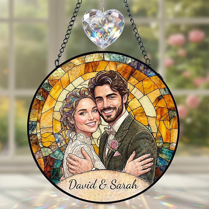 Personalized Stained Glass Windows Hanging, Her Him Picture Suncatcher Ornament, Custom Photo Gift, Birthday Wedding Boyfriend Girlfriend Couples Gifts