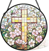 Christian Floral Suncatcher Stained Glass Cross Window Hanging Wall Decor, Christmas Religious Gifts for Women, Easter Religious Cross Garden Lawn Sun Catchers for Window Hanging Art,7.9x7.9In