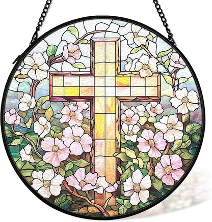 Christian Floral Suncatcher Stained Glass Cross Window Hanging Wall Decor, Christmas Religious Gifts for Women, Easter Religious Cross Garden Lawn Sun Catchers for Window Hanging Art,7.9x7.9In