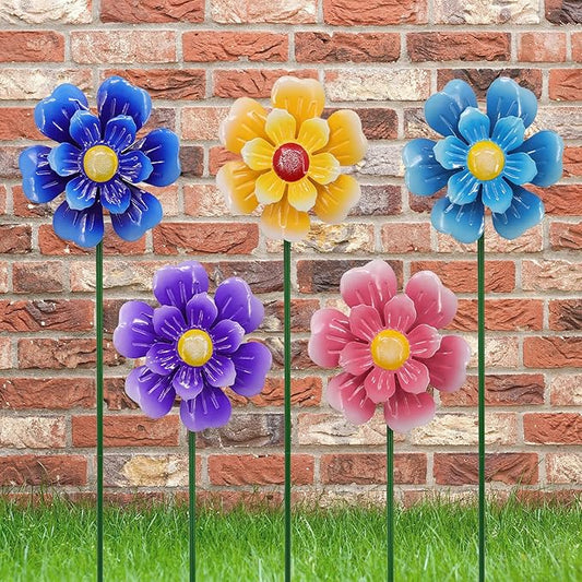 Metal Flower Wind Spinner Garden Lawn Stakes Yard Art, 27 Inch Windmill Outdoor Garden Iron Handicraft Lawn Ornament, Outside Front Porch Patio Yard Decor, 5 Pieces Outdoor Valentines Decoration Gift