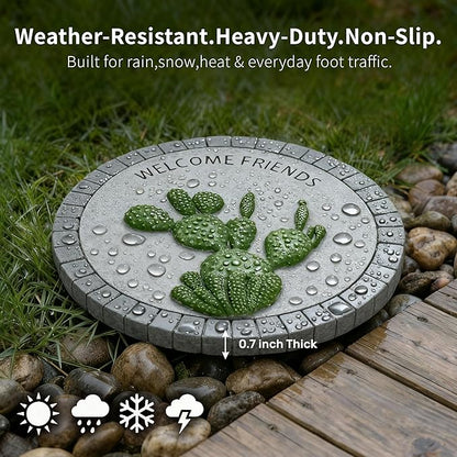 Landoraloria Cement Garden Stepping Stones Outdoor 10” Round Welcome Path Stones with Succulent Design Outdoor Yard & Patio Decor Hand-Painted Cactus Welcome Sign