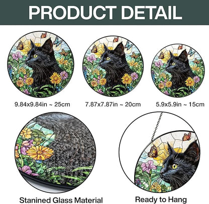 Black Cat Stained Glass Suncatcher – Floral Pet Memorial Window Hanging Decor, Sympathy Gift for Cat Owners, Home & Garden Decoration, Birthday, Christmas, for Women, Friends