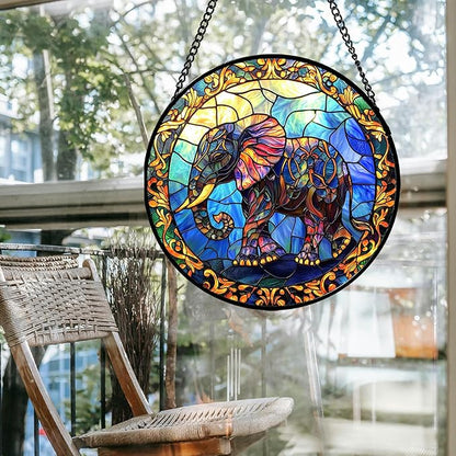 Stained Glass Window Hanging - Blue Elephant Suncatcher for Door Terrace Garden Home Decor, Yellow Retro Sun Catcher Birthday Gifts for Lovers Women Men Dad Mom Nana 15 in