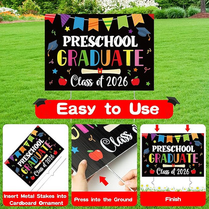Preschool Grad Yard Sign Class of 2026 Kindergarten Graduate Lawn Sign with Stake School Congrats Graduation Decorations Colorful Graduation Party Favors Supplies Outdoor Photo Booth Props for Kids