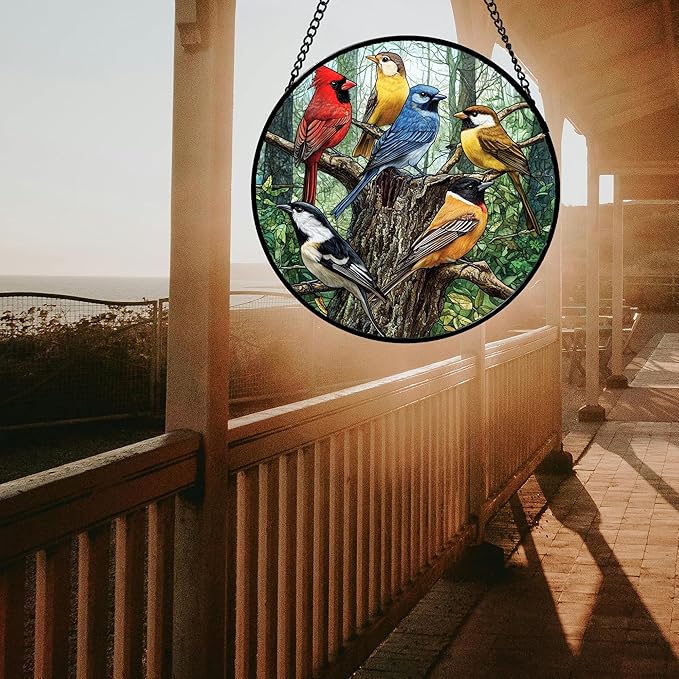 Stained Glass Window Hanging Cardinal on The Branches Large 15" - Bird Suncatcher Door Garden Patio Sun Catcher Home Decor Christmas for Bird Lovers Mom Woman Grandma Men