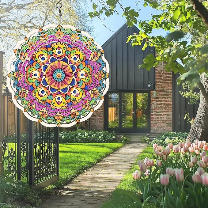 Wind Spinners Outdoor, Hanging Wind Spinner for Garden Decoration, 8 inch 3D Stainless Steel Metal Wind Sculpture for Indoor/Outdoor Decor, Mandala F
