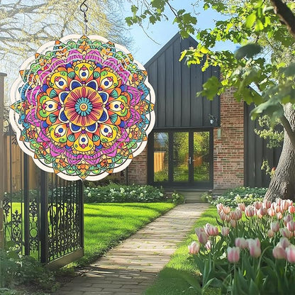 Wind Spinners Outdoor, Hanging Wind Spinner for Garden Decoration, 8 inch 3D Stainless Steel Metal Wind Sculpture for Indoor/Outdoor Decor, Mandala F