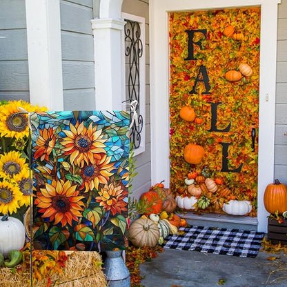 Fall Sunflower Garden Flag Autumn House Flags 28x40 Double Sided Large Thanksgiving Outdoor Flag for Outside Stained Glass Floral Yard Flags Fall Porch Lawn Flags Decorative