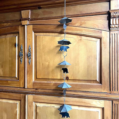 Rustic Black Bear & Umbrella Rain Chain - 75 inches Long Distressed Copper Finish, 10 Decorative 3D Designs, Weighted Bell for Wind Chime Sound