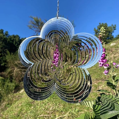 Wind Spinner Metal Garden Spinners Outdoor Garden Art for Backyard Outdoor Hanging Decor and Spinners for Yard and Garden Ornaments 3D Shape (Silver Flower)