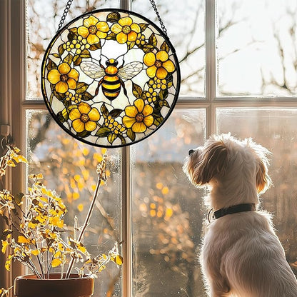 Stained Glass Window Hanging - Yellow Flowers Surrounded by Bees Sun Catcher for Door Garden Home Decor Cute Suncatcher Christmas Mother's Day Birthday Gifts for Women Men Mom Nana 15 in