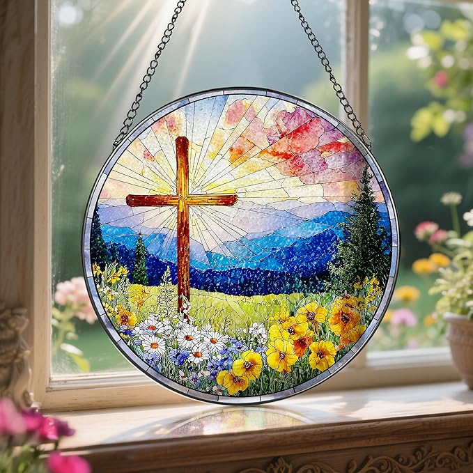 8 Inch Christian Cross Sun Catcher, Stained Glass Window Hanging, Religious Suncatcher for Windows, Sun Catchers Indoor Window, Christian Gifts, Religious Cross Gifts, Faith Home Decor