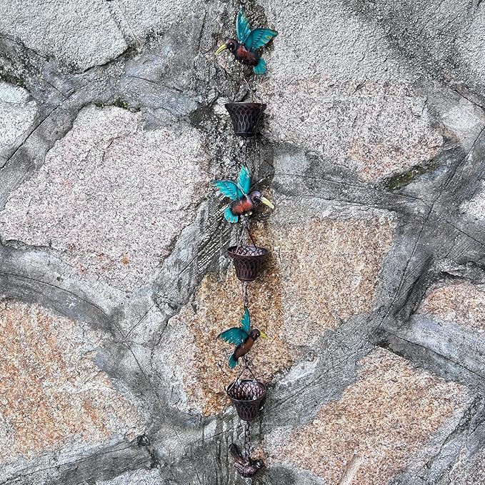 8.5FT Rain Chain, Hummingbird and Cup Rain Chains for Gutters and Downspouts, Metal Decorative Rainwater Catcher Chain, Antique Copper Rain Gutter Downspout Chains for Outside Garden