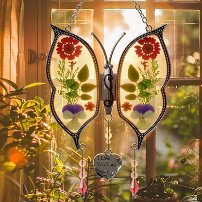 KY&BOSAM Metal Clip Glass Butterfly Suncatcher with I Love You Nana Engraved Tag Real Preserved Dried Flower Window Hanging Ornament Garden Home Wall Decor Mother's Day Birthday Gift for Mom Nana