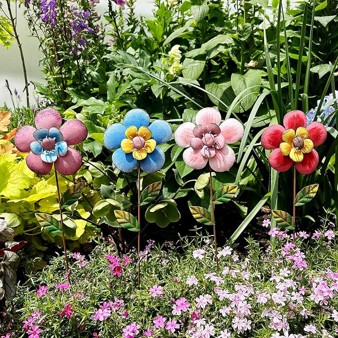 Linfevisi Outdoor Garden Decoration Flower Garden Stakes Metal Yard Art Signs Spring Decor Floral Lawn Ornaments Outside Plant Picks for Patio Porch Pathway 16 Inch Tall(Set of 4) (B)