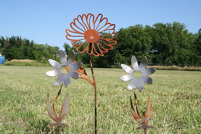 Metal Rustic and Colorful Flower Stakes Ranging from 9.5 to 36 Inches Tall (Daisy + 2 Twisted Daisy Stake Set, Naturally Rusted)