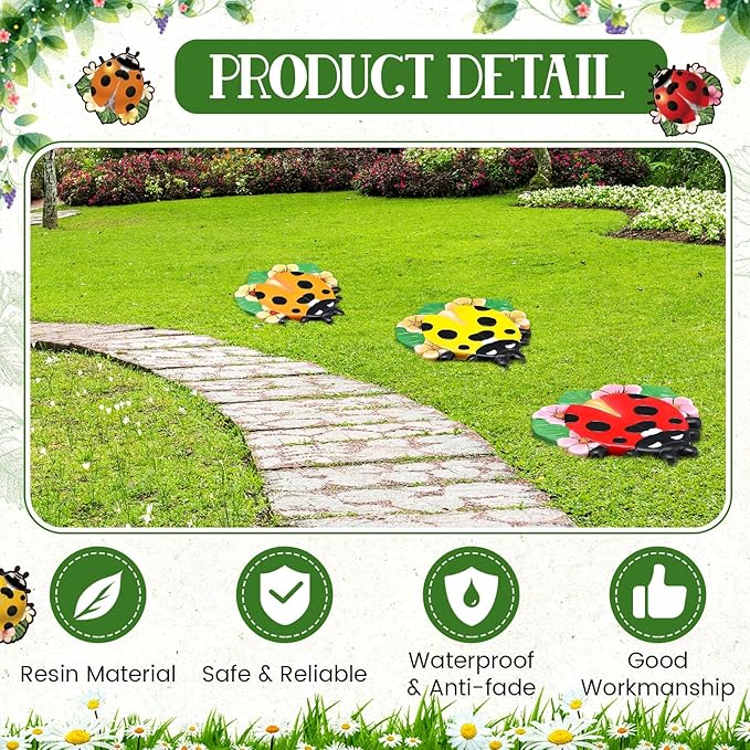 Yalikop 3 Pcs Ladybug Stepping Stones Resin 7-10inch Decorative Stepping Stone Ladybug Outdoor Garden Decorations for Garden Patio Walkway Sculpture Yard Art
