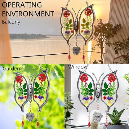 KY&BOSAM Butterfly Suncatcher Faith Stained Glass for Windows Hangings Wind Chimes Ornament with Pressed Flower Wings Embedded in Glass and Metal Charm for Mom Birthdays Christmas