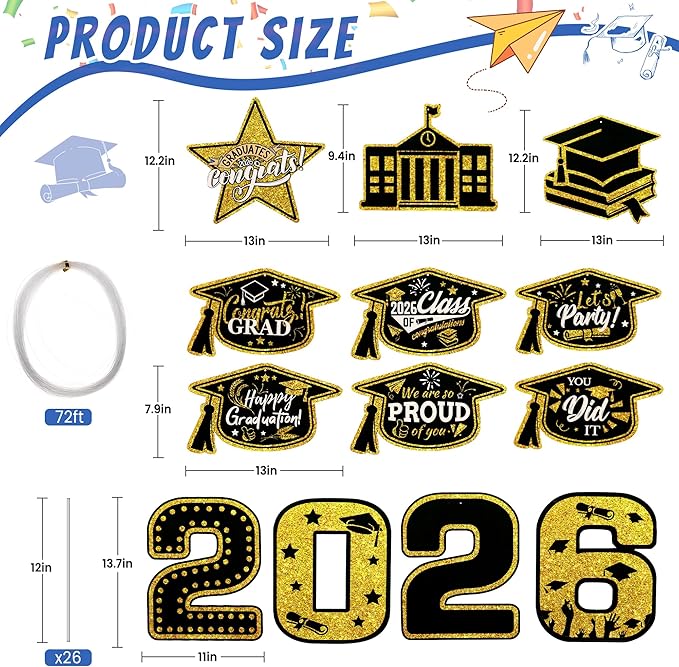 13Pcs Graduation Yard Signs Class of 2026 Large Congrats Grad Sign with Stakes & String Hanging Graduation Decorations for Indoor Outdoor Yard Lawn Porch School (Gold)