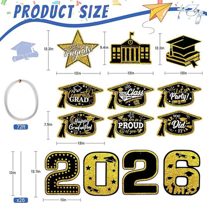 13Pcs Graduation Yard Signs Class of 2026 Large Congrats Grad Sign with Stakes & String Hanging Graduation Decorations for Indoor Outdoor Yard Lawn Porch School (Gold)