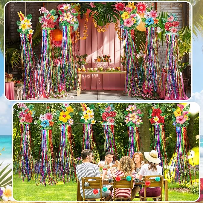 Affrolling 8 Pcs Hawaiian Luau Party Decoration Tropical Flower Hanging Decorations with Tassels for Hawaii Luau Tropical Floral Birthday Party Supplies 3.3 ft Outdoor Summer Door Banner Sign Decor