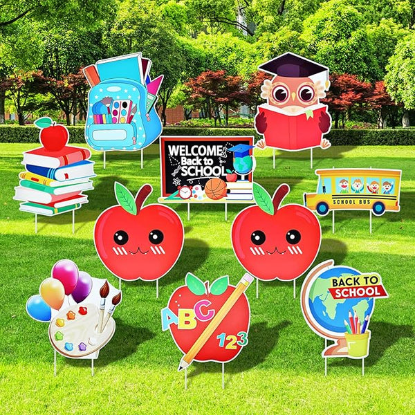 10-Piece Set Back to School Yard Signs with Stakes, Assorted Apple, Owl, and School Bus Designs for Outdoor Garden and Lawn Decoration, 11.7 x 11.8 Inches Plastic Signs for Welcome School Party Favor