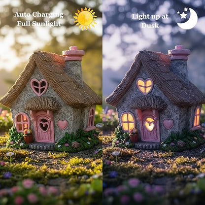 PRETMANNS Fairy House for Outside with Solar Powered LED Lights for Garden - Fairy Garden Houses for Outdoor - Miniature Accessories for Cottage Decor for Village - 7.56” High, Pink