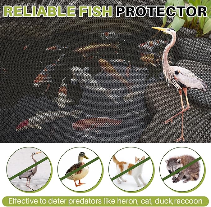 Koi Pond Netting Kit 28 x 30ft, Heavy-Duty Pe, Bird Deer Fence Netting, Durable Net Cover for Leaves, Protect Fish from Blue Heron Bird, Cats & Predators, Stakes & Ties Included