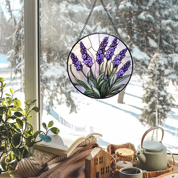 Lavender Flower Stained Glass Window Hanging Suncatchers, Purple Lavender Sun Catchers Indoor Window Glass Wall Art Decor, Floral Botanical Wall Hanging Decorations Sculptures, 7.9x7.9in