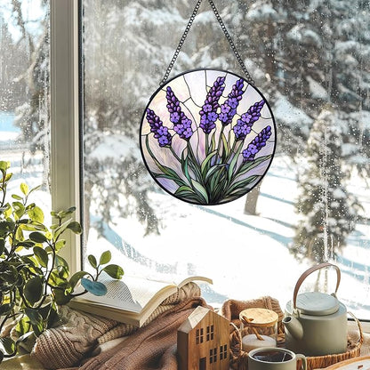 Lavender Flower Stained Glass Window Hanging Suncatchers, Purple Lavender Sun Catchers Indoor Window Glass Wall Art Decor, Floral Botanical Wall Hanging Decorations Sculptures, 7.9x7.9in