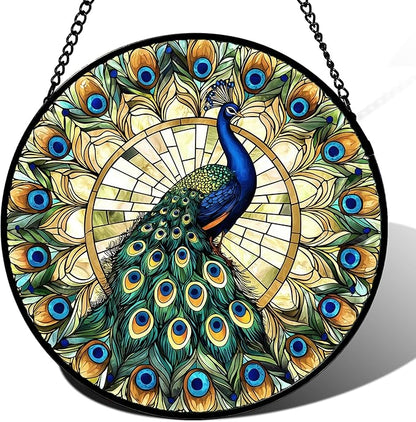 DASTOLL Stained Glass Window Hanging - Retro Peacock Decoration Suncatcher for Door Garden Home Bird Feather Sun Catchers Christmas Mother's Day Birthday Gifts for Women Men Mom Nana Friend 14.9 in