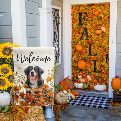 Bernese Mountain Fall Garden Flag Autumn Dog Yard Sign Orange Floral Thanksgiving Outdoor Banners for Outside 12x18 Double Sided Small Wild Flower Lawn Decorations