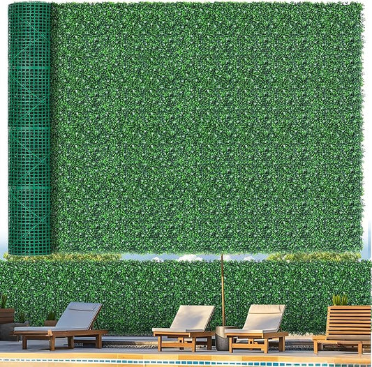 Grooy 71"x 144"(72 sq.ft) Artificial Boxwood Roll Panels with Flowers, UV-Anti Faux Ivy Leaves Privacy Fence Screen, Grass Wall Roll Panels for Indoor Home Decor and Outdoor Garden Backyard