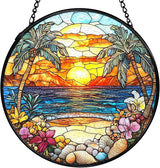 Tropical Beach Suncatchers Stained Glass Window Hanging, Coastal Ocean Sun Catchers Indoor Window Glass Round Wall Decor, Coastal Seascape Beach Wall Hanging Decorations, 7.9x7.9in