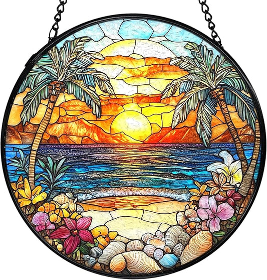 Tropical Beach Suncatchers Stained Glass Window Hanging, Coastal Ocean Sun Catchers Indoor Window Glass Round Wall Decor, Coastal Seascape Beach Wall Hanging Decorations, 7.9x7.9in
