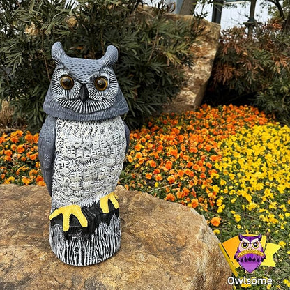 Owlsome Solar Owl with Colored Flashing Eyes, Rotating Head, Hoot Sound, Motion Detector and Silent Mode, Plastic Owl Garden Sculpture, Garden Decoration